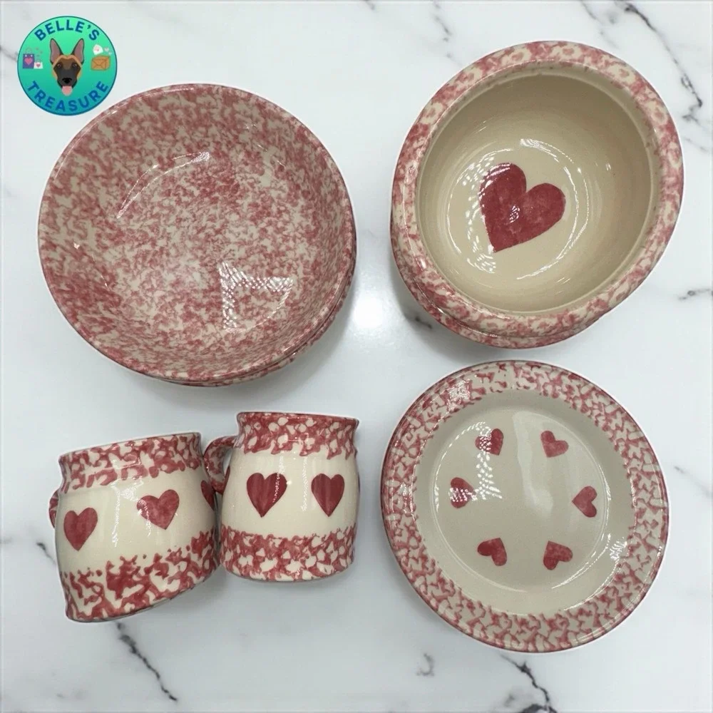 FP Friendship Pottery Roseville USA Plates Bowls Mugs Pink Spongeware Heart‎ 8PC